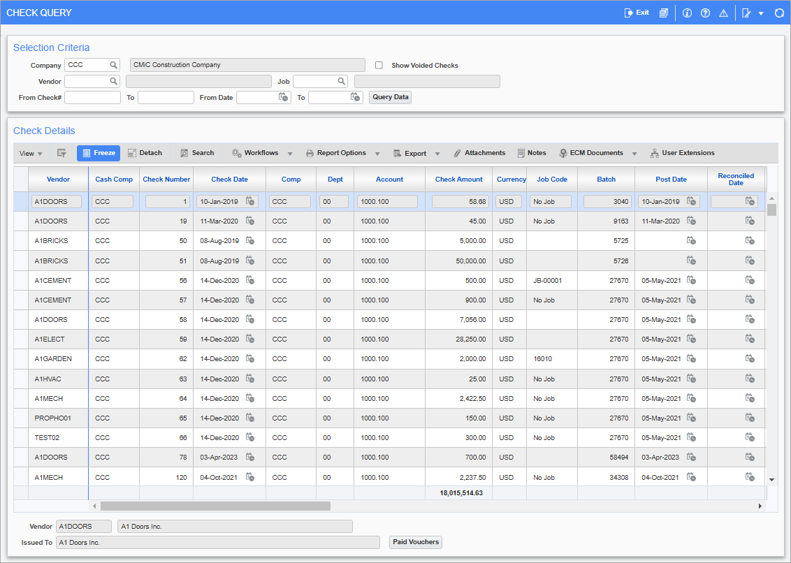 Screenshot of Check Query screen.