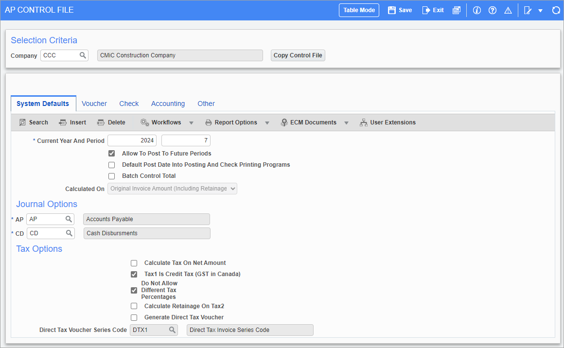 Screenshot of AP Control File - System Defaults tab.