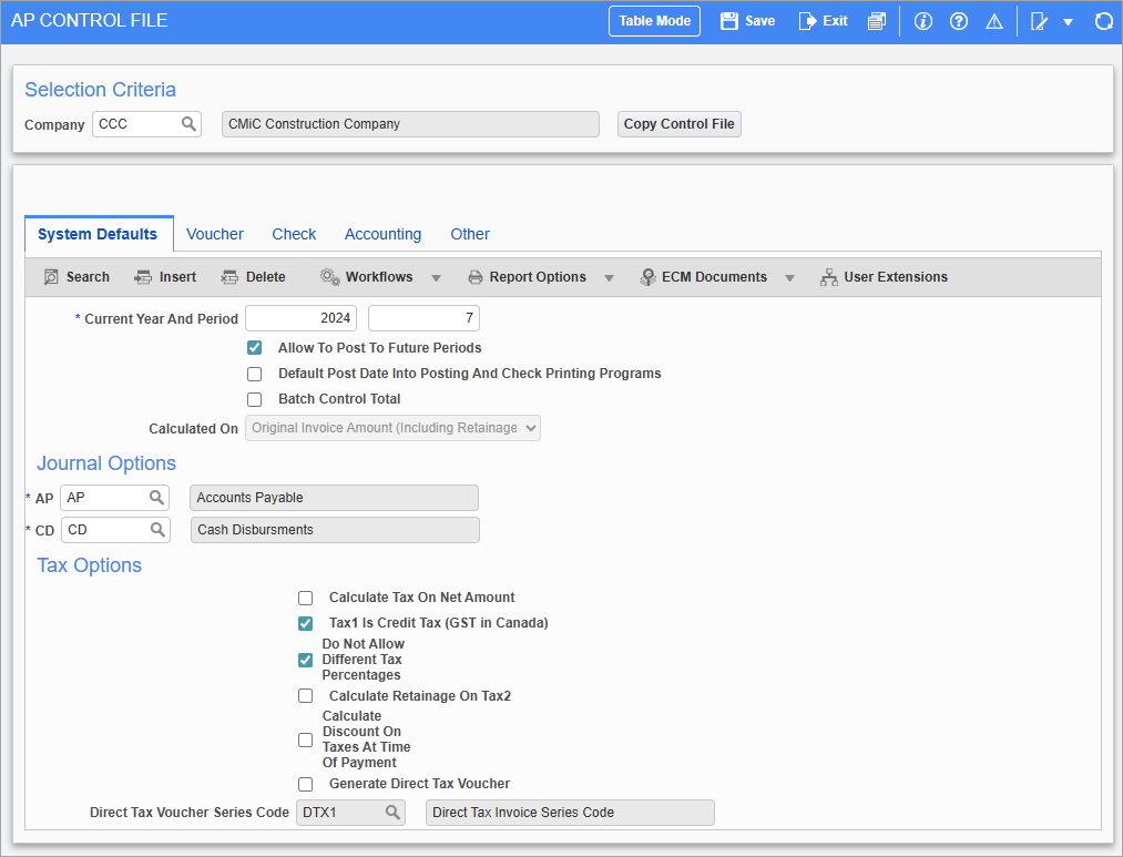Screenshot of AP Control File - System Defaults tab.