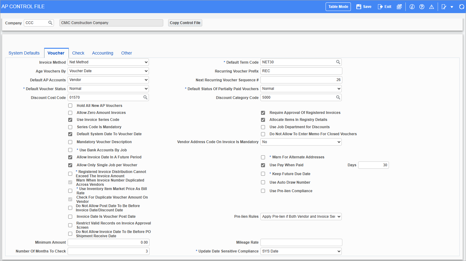 Screenshot of AP Control File - Voucher tab.