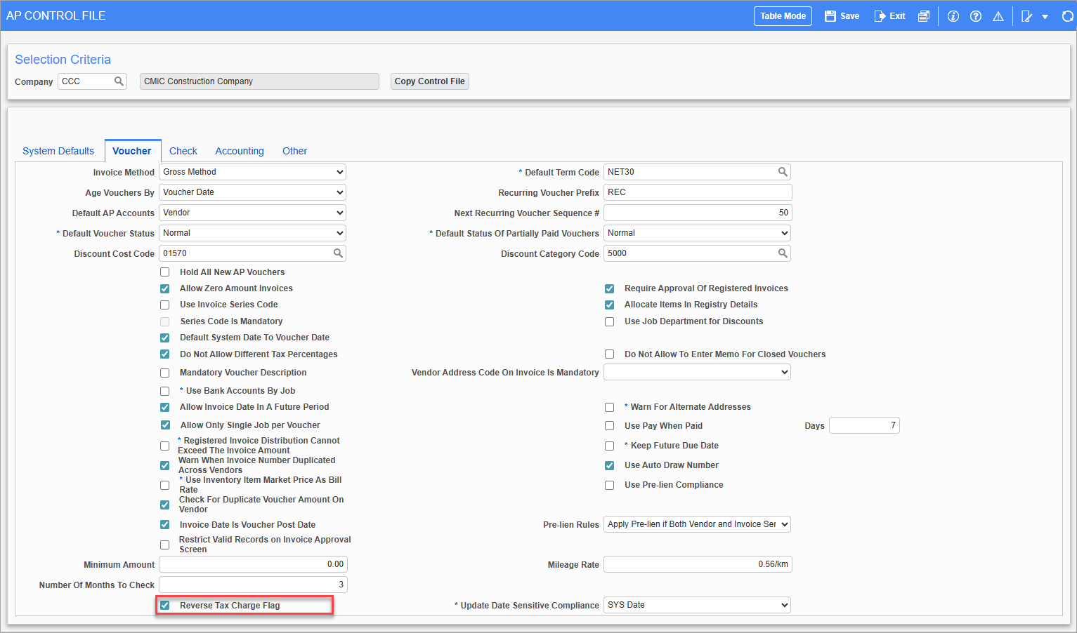 Screenshot of AP Control File with Voucher tab enabled.