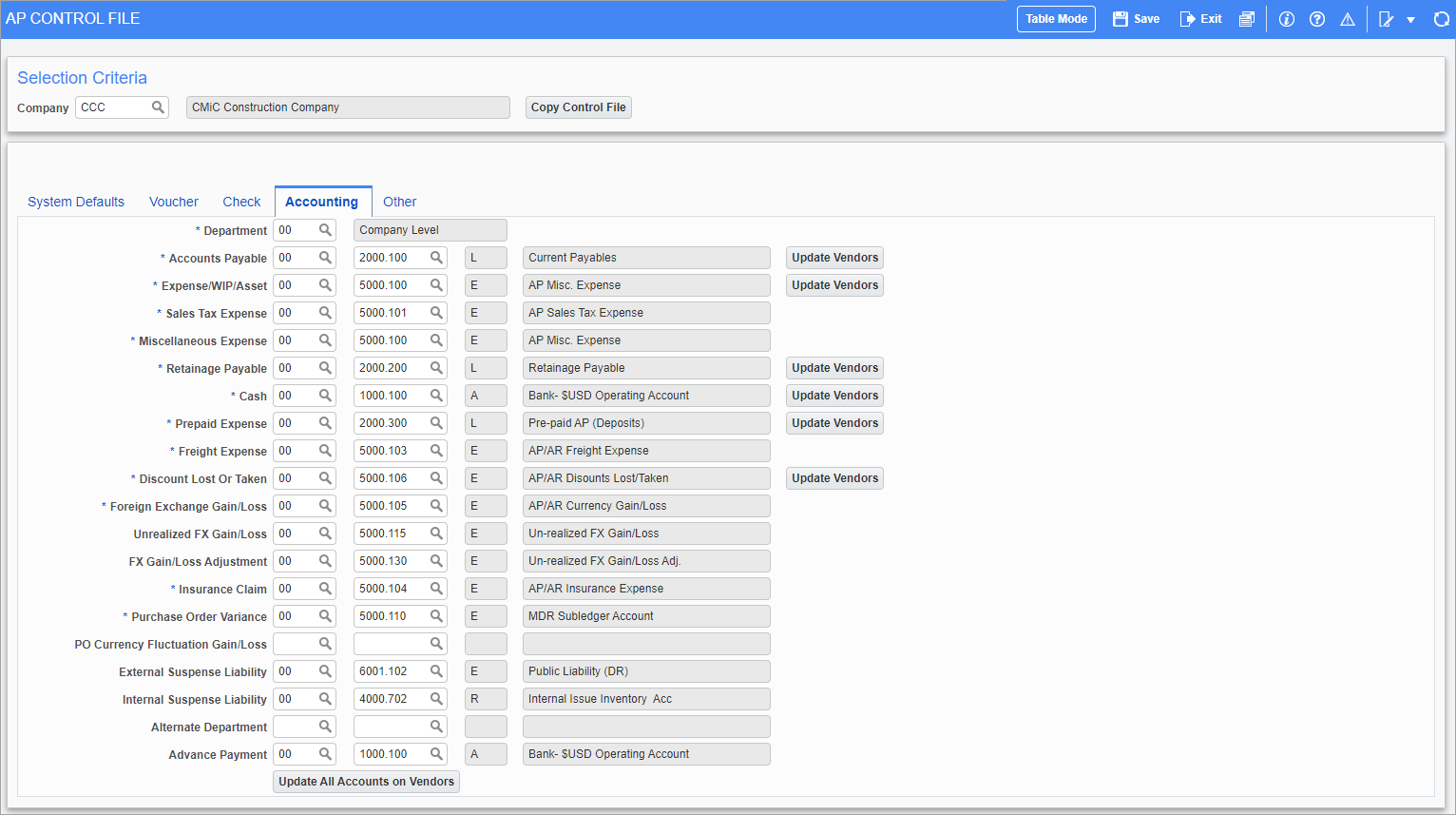 Screenshot of Accounting tab