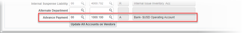 Screenshot of Advance Payment fields
