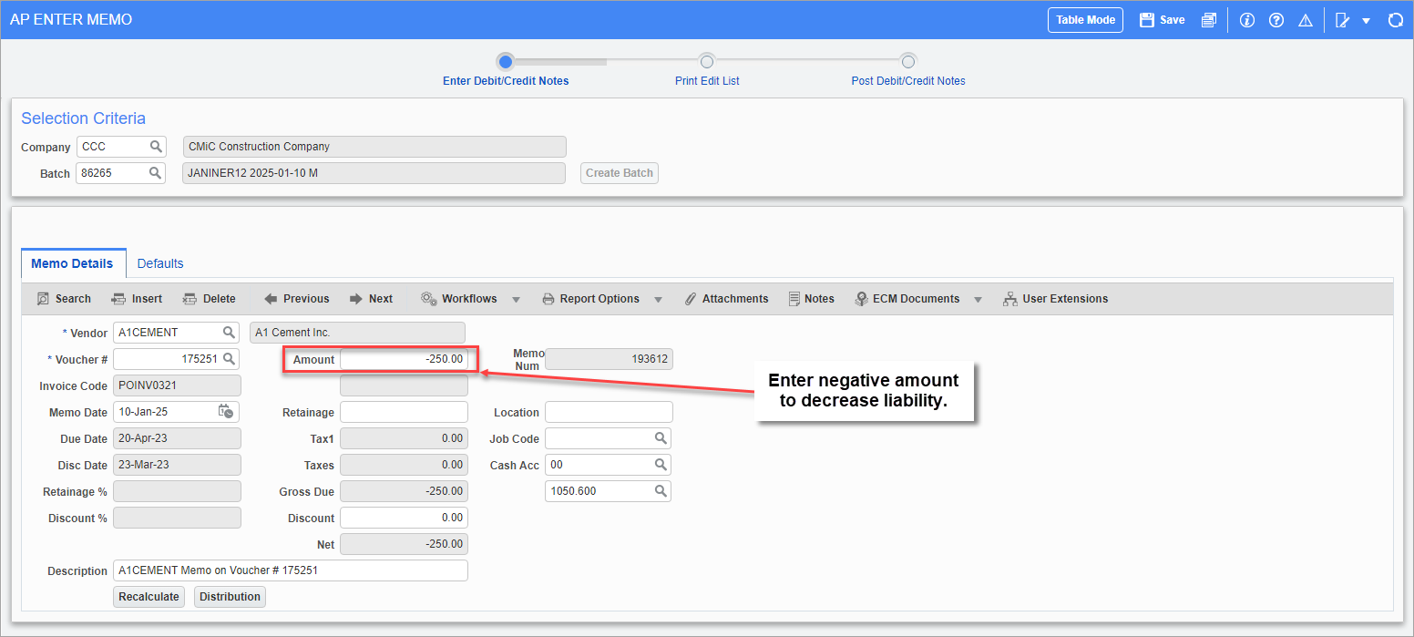 Screenshot of AP Enter Memo with Amount field highlighted.