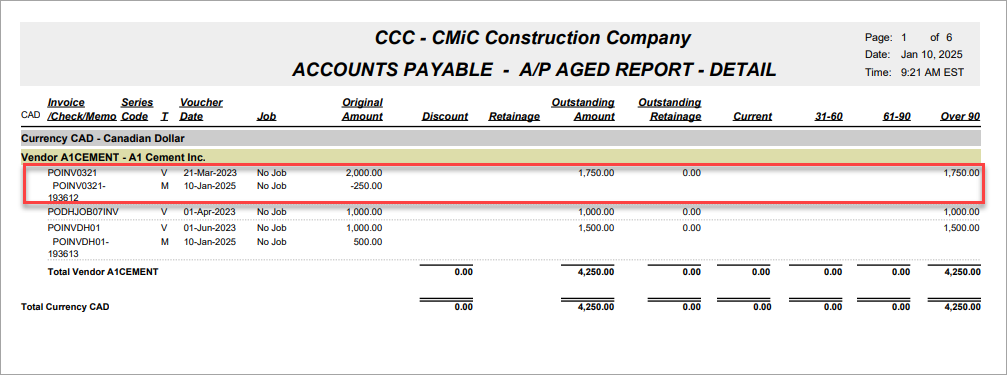 Screenshot of Aged Report.