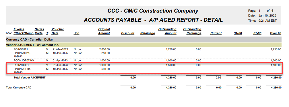 Screenshot of Aged Report.