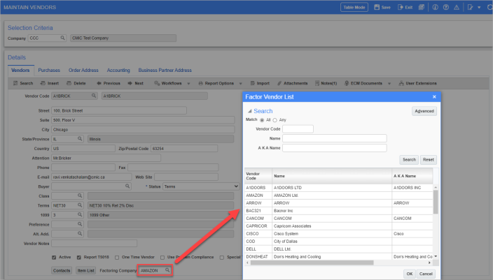 Accounts Payable - Maintain Vendors - Vendors - Tab