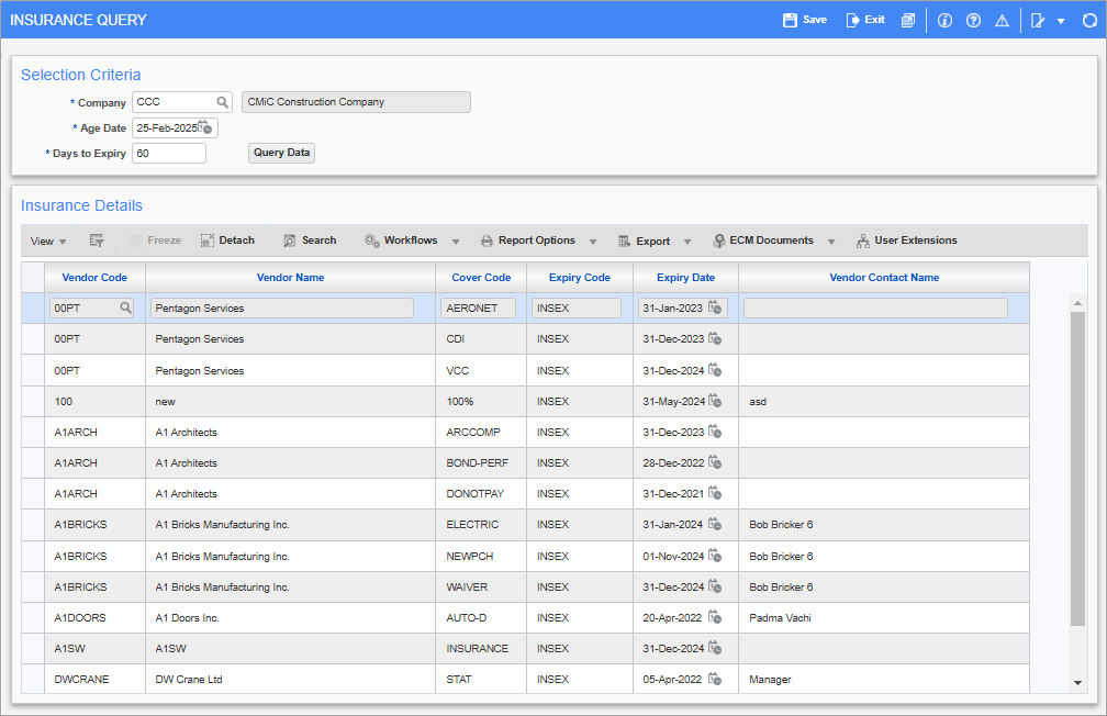 Screenshot of Insurance Query screen.