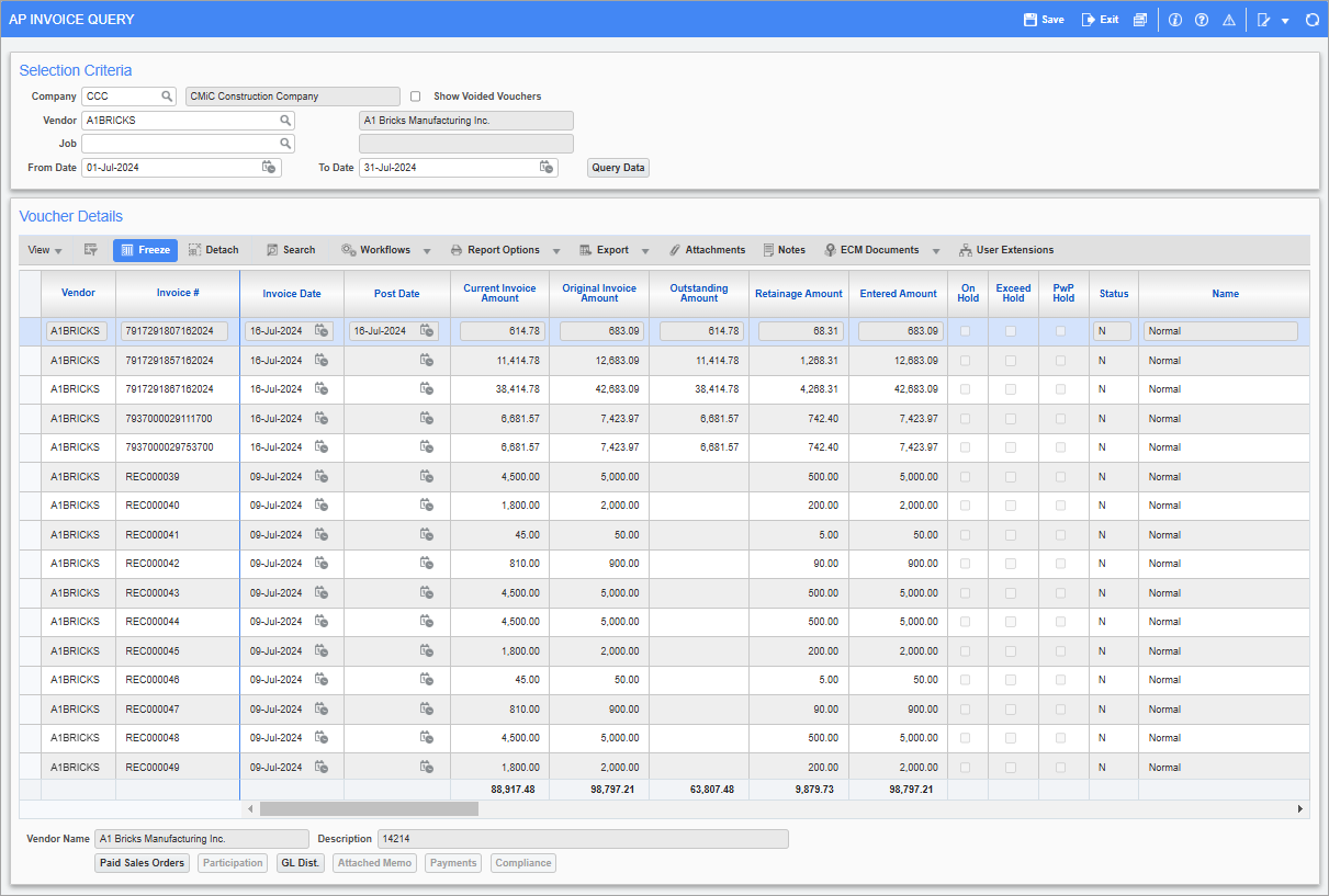 Screenshot of AP Invoice Query screen.