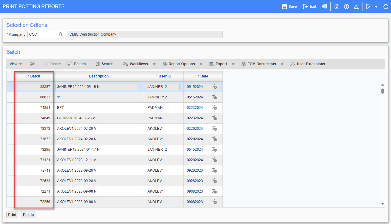 Screenshot of Print Posting Reports