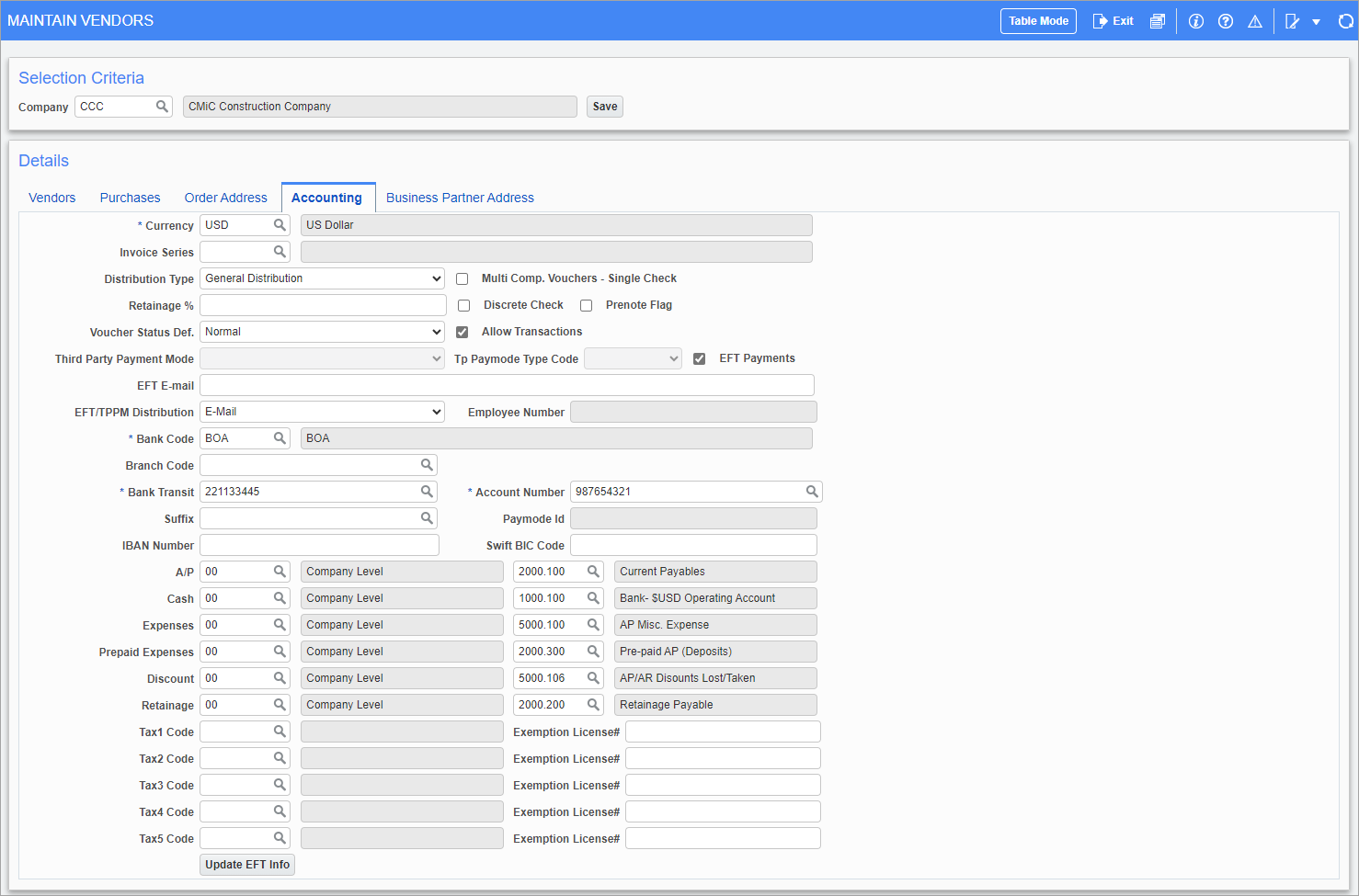 Screenshot of Maintain Vendors - Accounting tab.