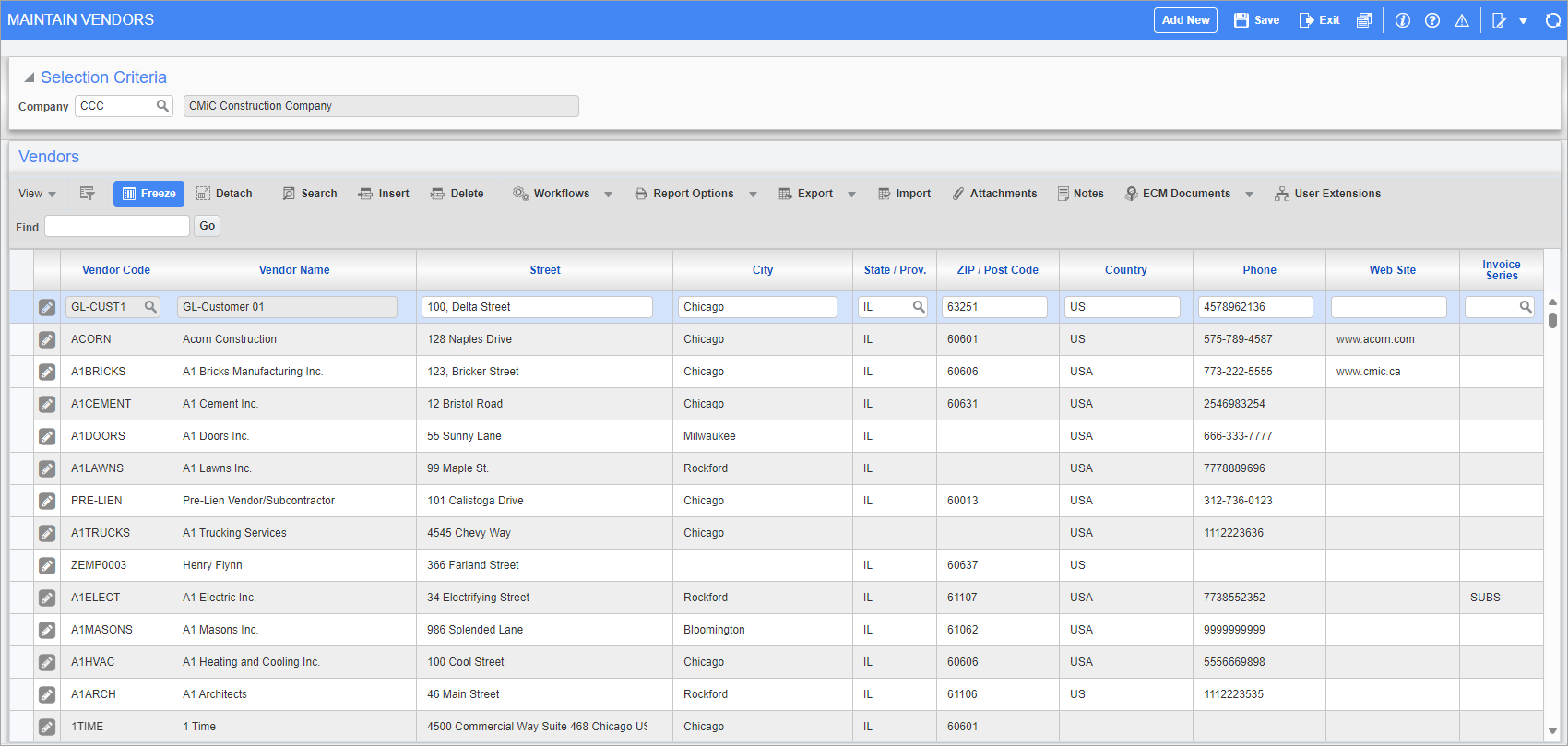 Screenshot of Maintain Vendors in Log mode