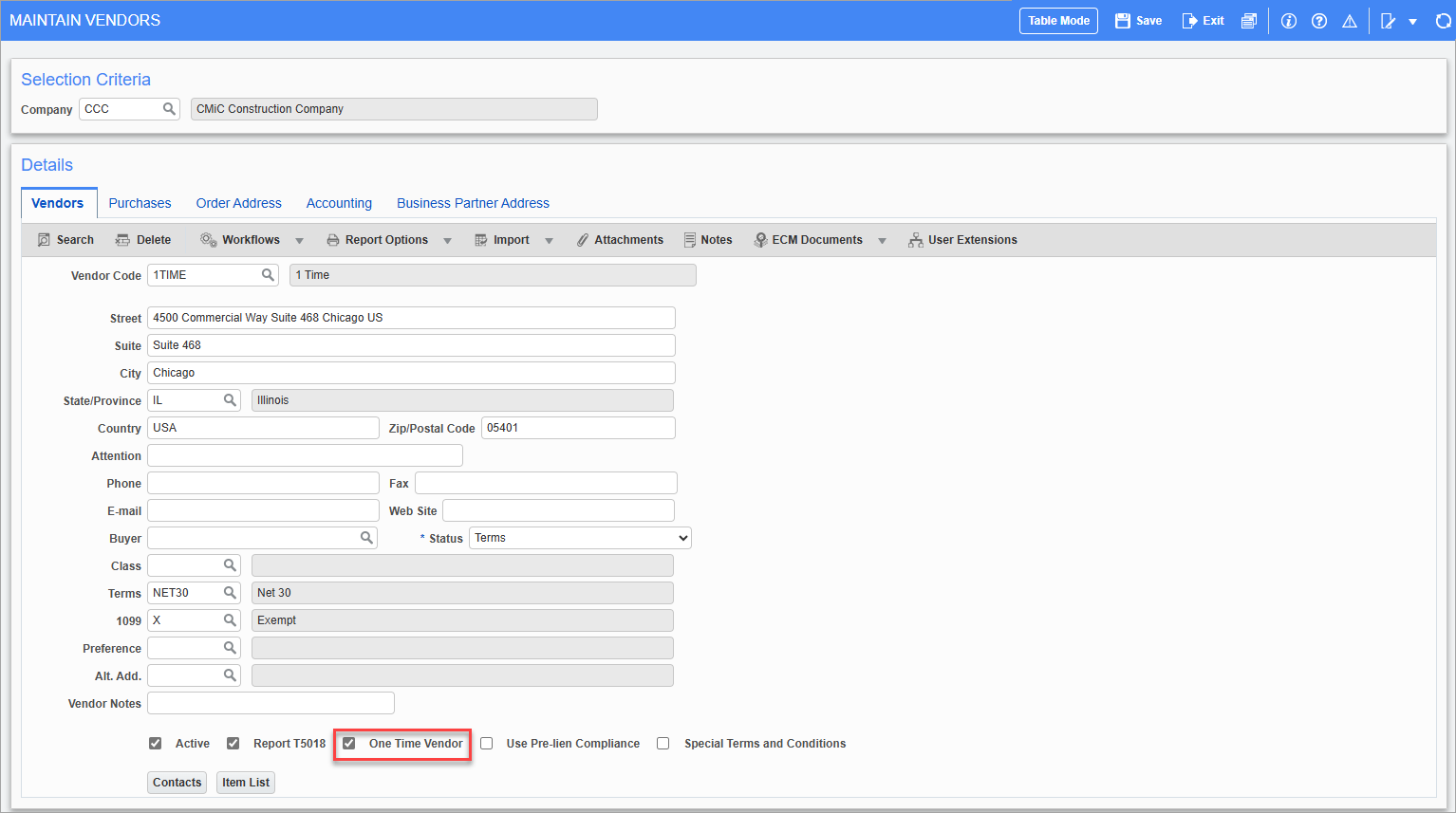 Screenshot of Maintain Vendors with 'One Time Vendor' box highlighted.