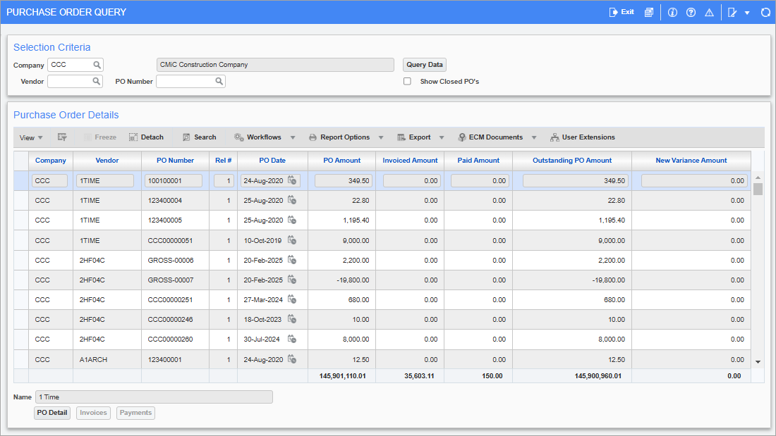 Screenshot of Purchase Order Query screen.