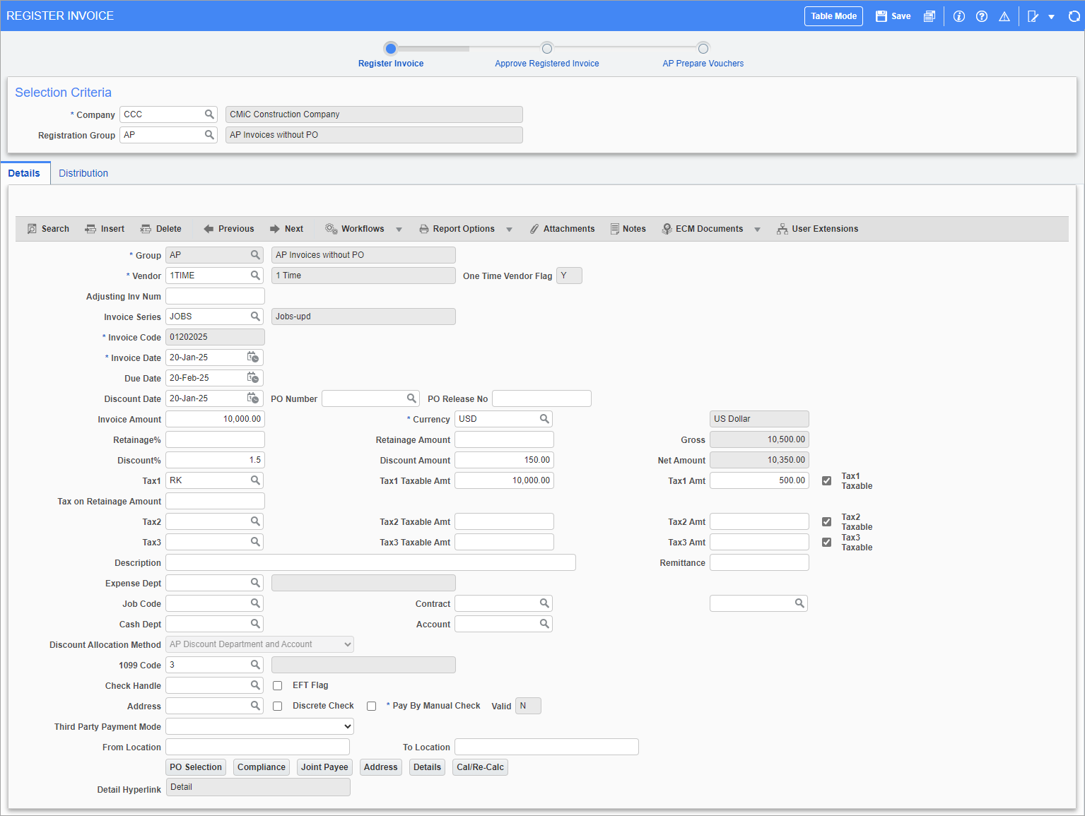 Screenshot of Register Invoice.