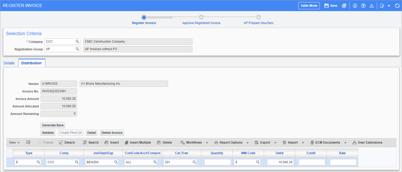 Screenshot of Register Invoice - Distribution tab.