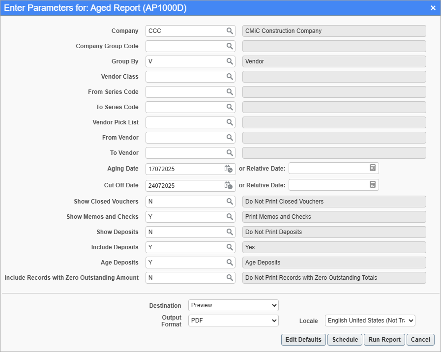 Screenshot of Aged Report summary screen.