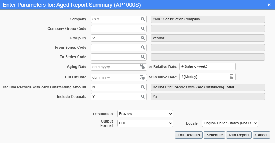 Screenshot of Aged Report Summary parameter screen.
