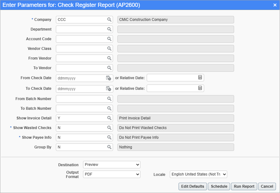 Screenshot of Check Register Report parameter screen.