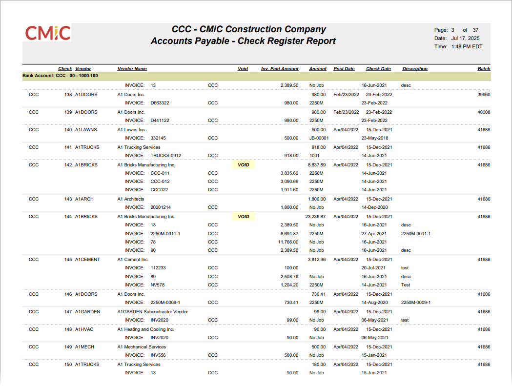 Sample Check Register Report (AP2600).
