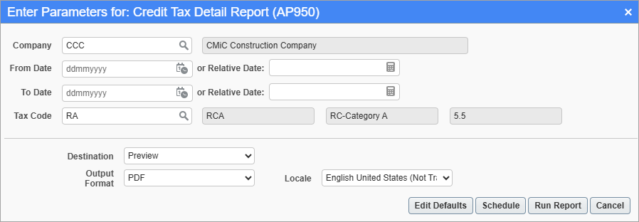 Accounts Payable - Credit Tax Detail Report