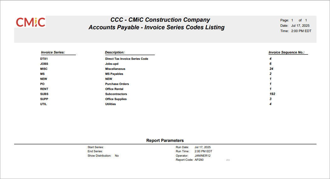 Screenshot of Sample Invoice Series Code List (AP290).