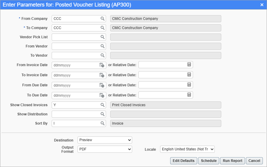 Screenshot of Posted Voucher Listing parameter screen.