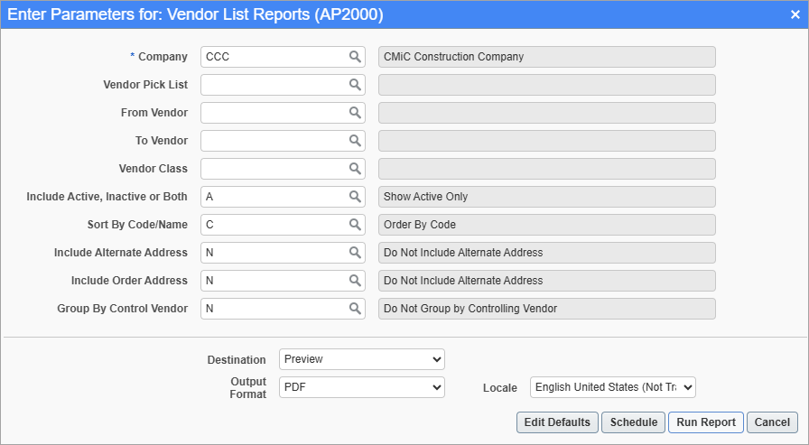 Screenshot of Vendor List Report parameter screen.