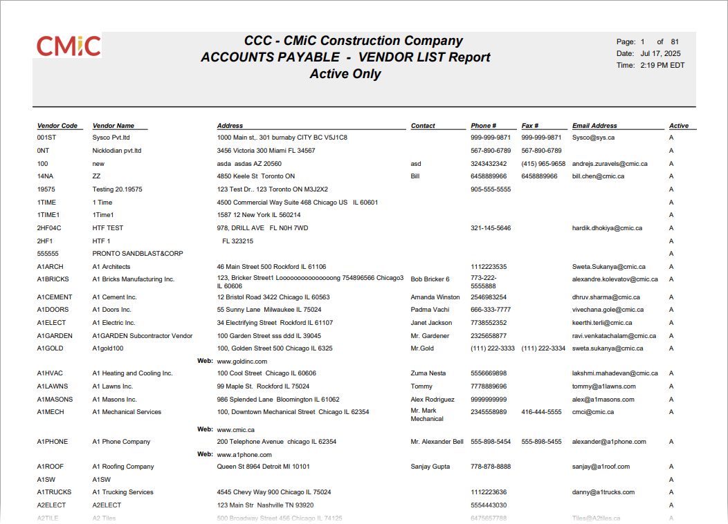 Sample Vendor List Report (AP2000).
