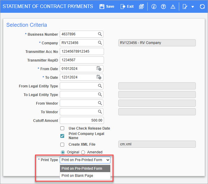 Screenshot of Statement of Contract Payments with Print Type drop-down highlighted.