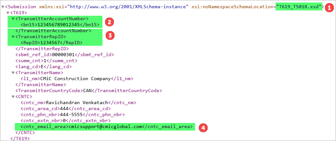 Screenshot of sample XML file with highlighted key fields.