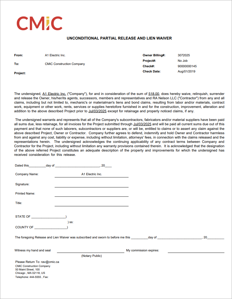 Accounts Payable - Unconditional Partial Lien Waiver