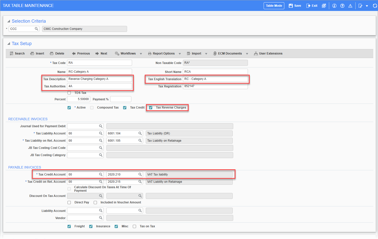 Screenshot of Tax Table Maintenance with fields highlighted.
