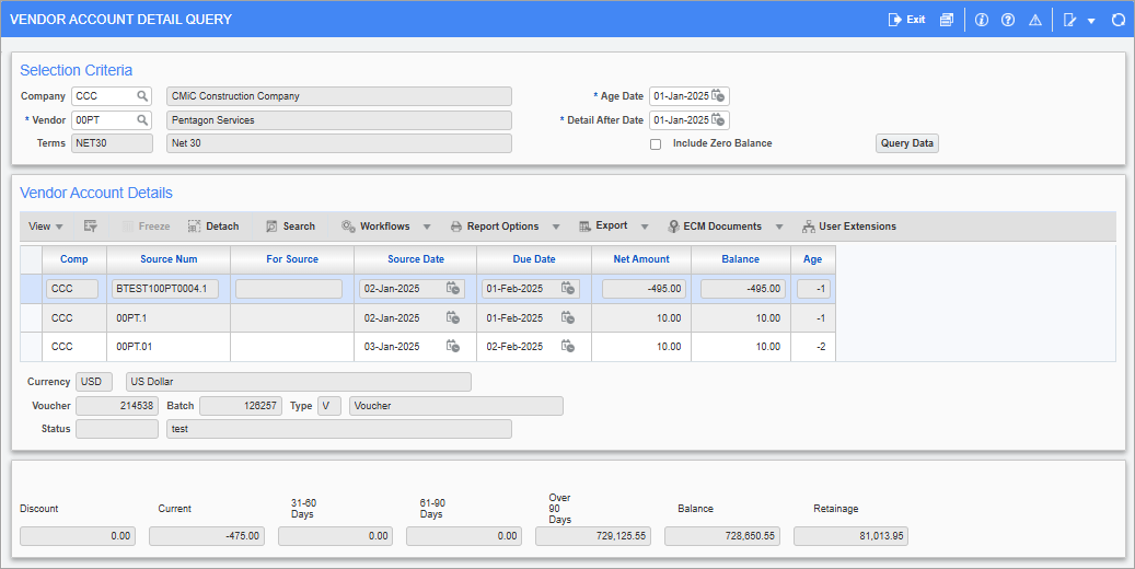 Screenshot of Vendor Account Detail Query.