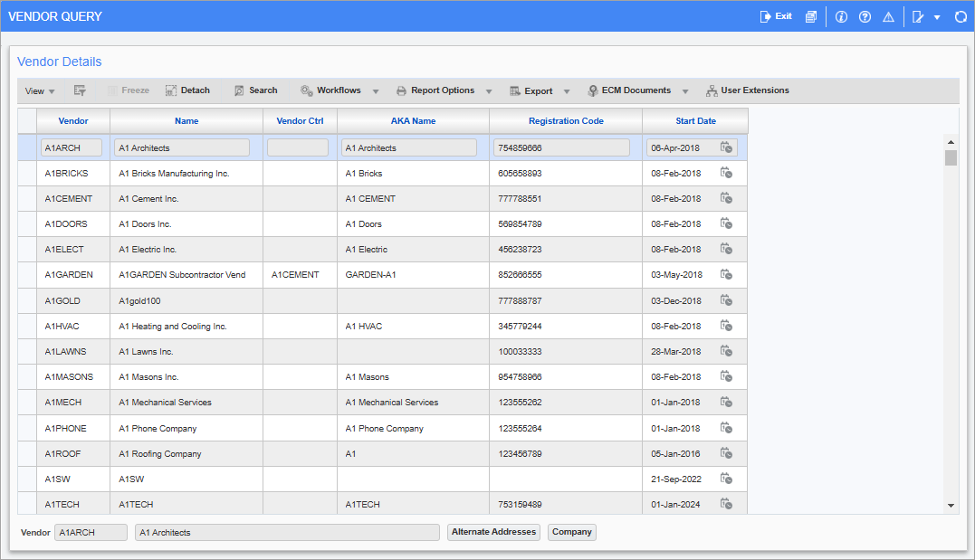 Screenshot of Vendor Query screen.