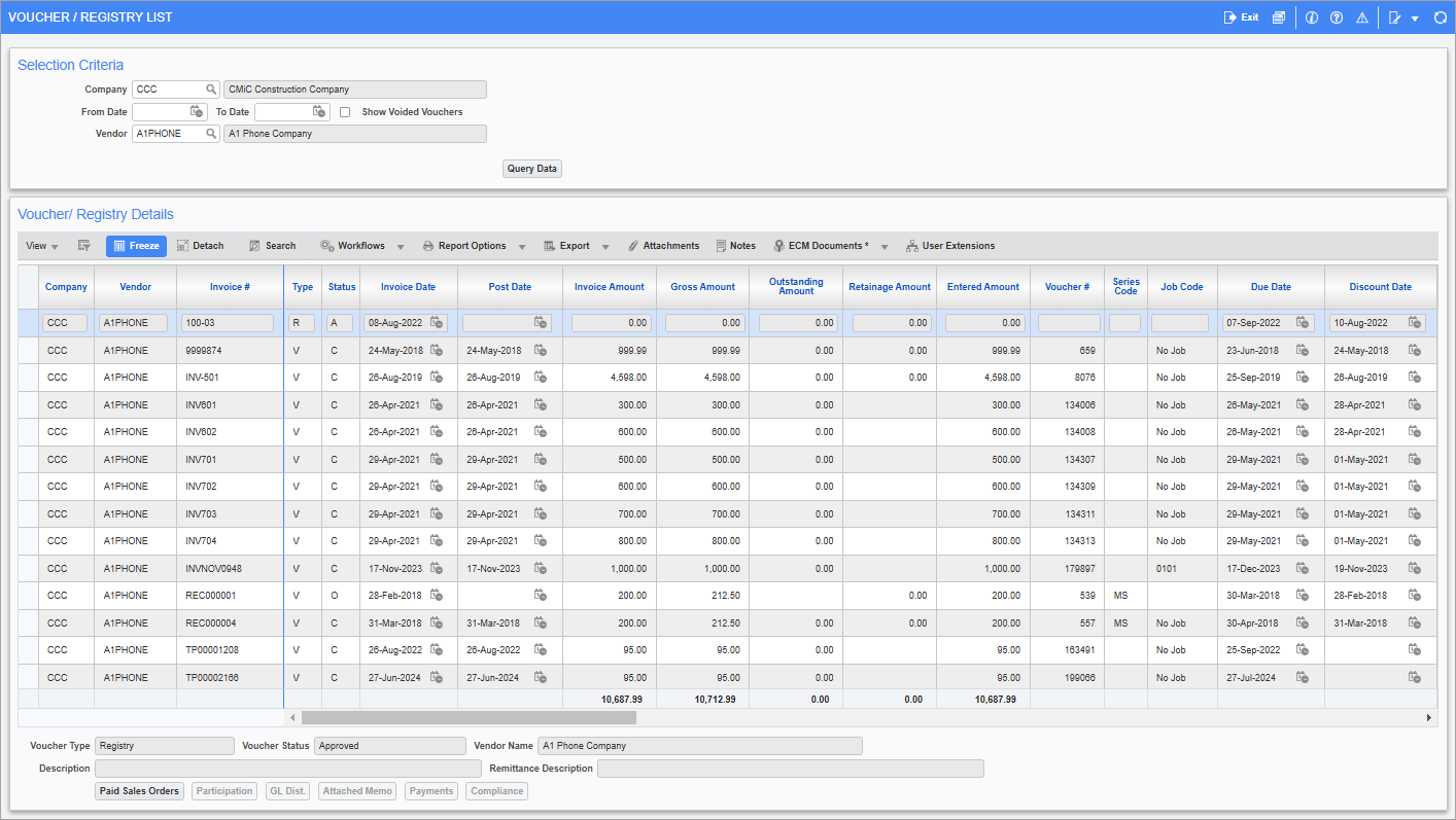Screenshot of Voucher/Registry List screen.