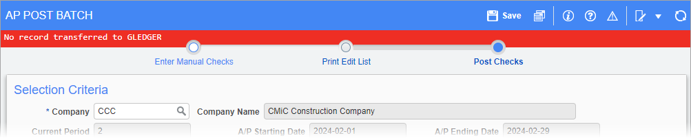 Screenshot of warning message in AP Post Batch