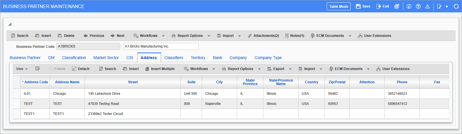 Address tab of the Business Partner Maintenance screen
