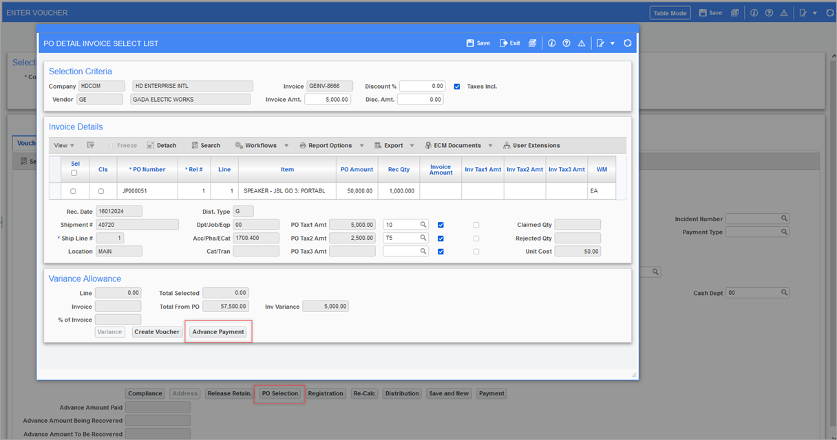 Advance Payment button in the PO Detail Invoice Select List pop-up window