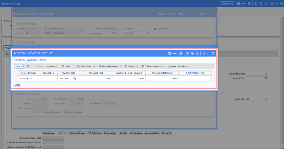 Advance Payment Details pop-up window from the PO Detail Invoice Select List pop-up window