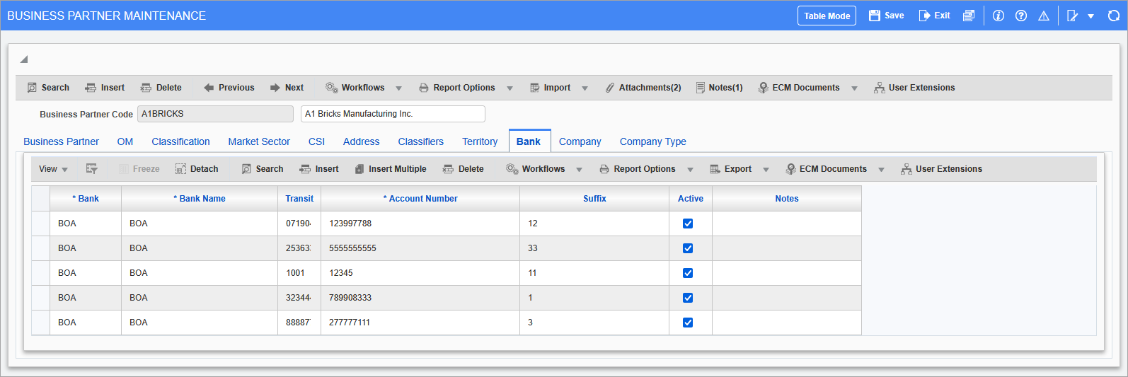 Bank tab of the Business Partner Maintenance screen