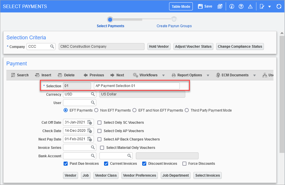 Screenshot of Select Payments