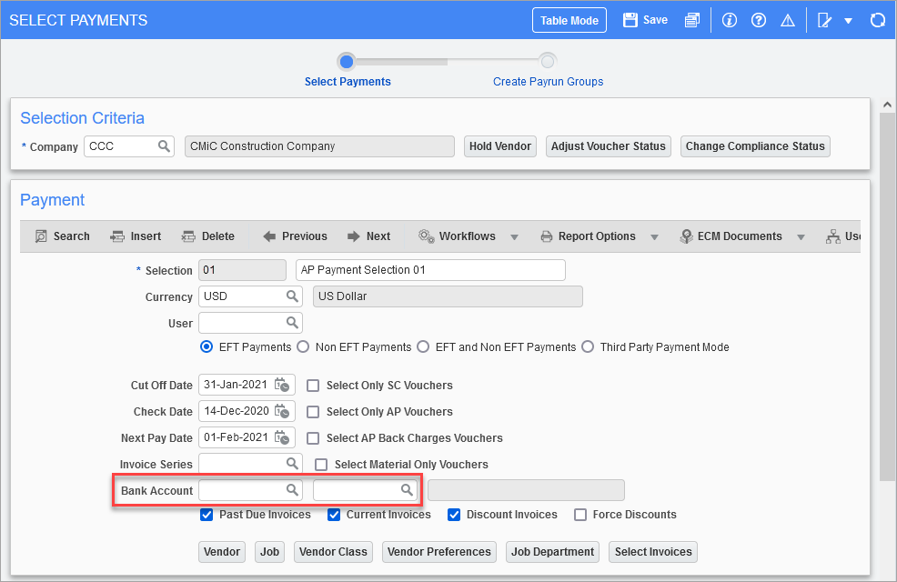 Screenshot of Select Payments