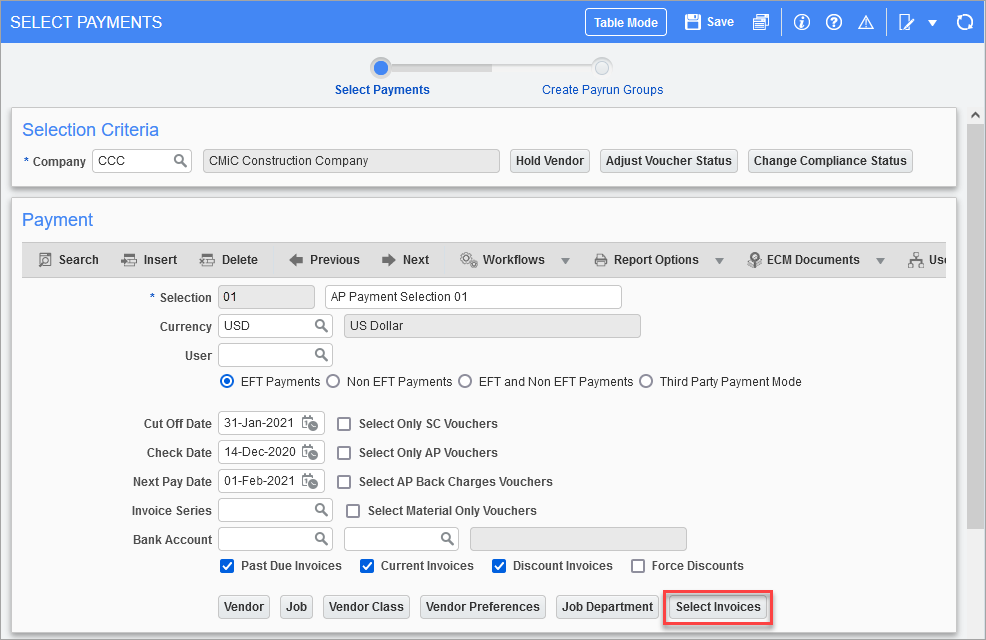 Screenshot of Select Payments