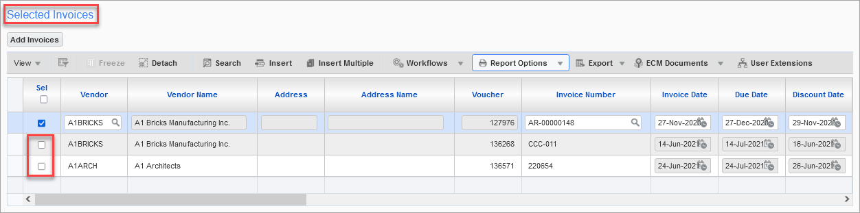 Screenshot of Selected Invoices section