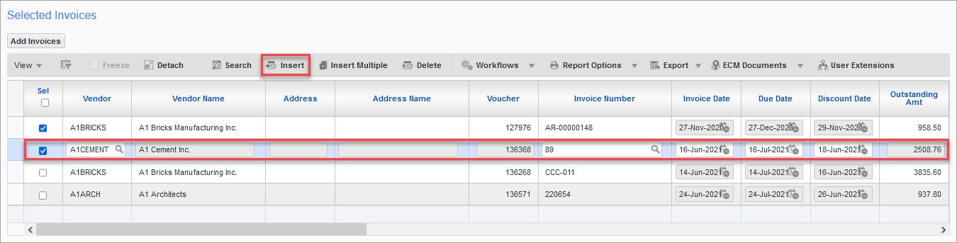 Screenshot of Selected Invoices section