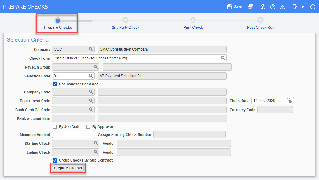 Screenshot of Prepare Checks