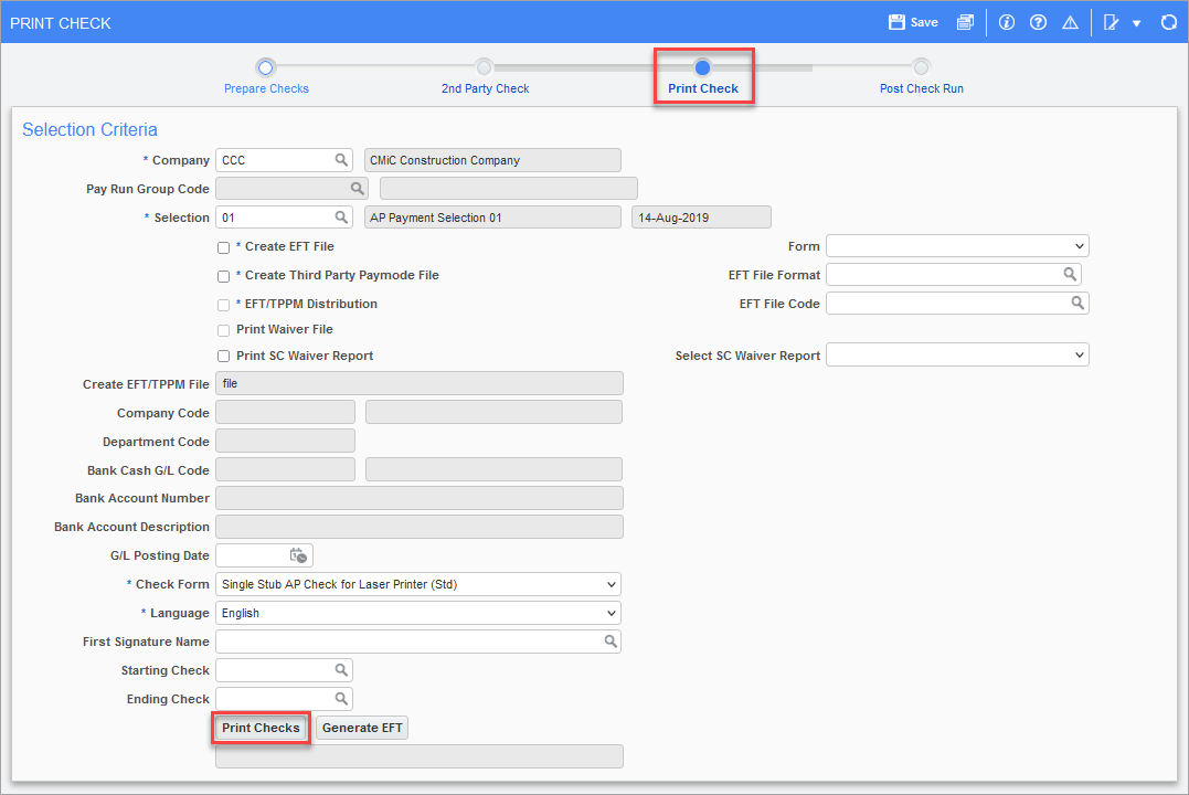 Screenshot of Print Checks