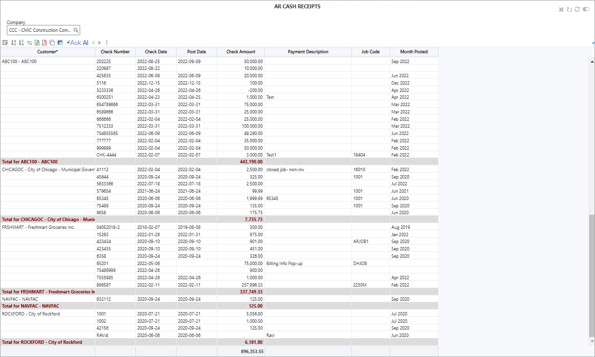 Screenshot of AR Cash Receipts BI Query.