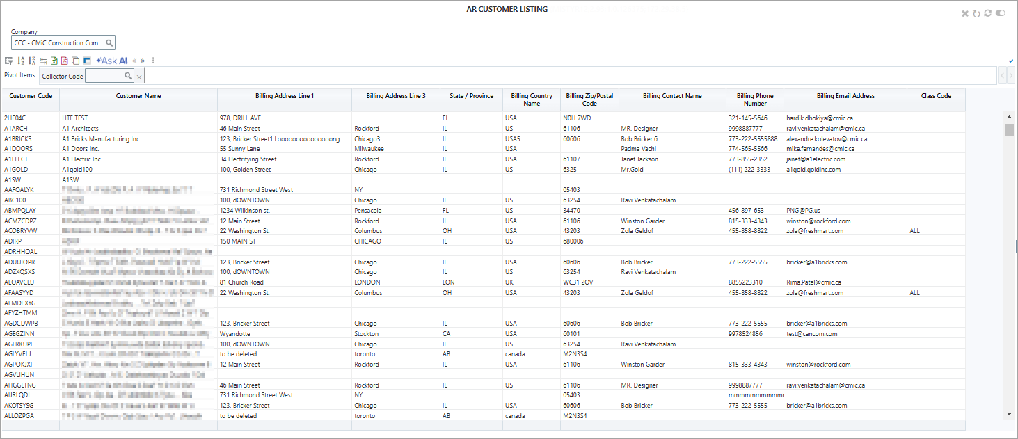 Screenshot of AR Customer Listing BI Query.